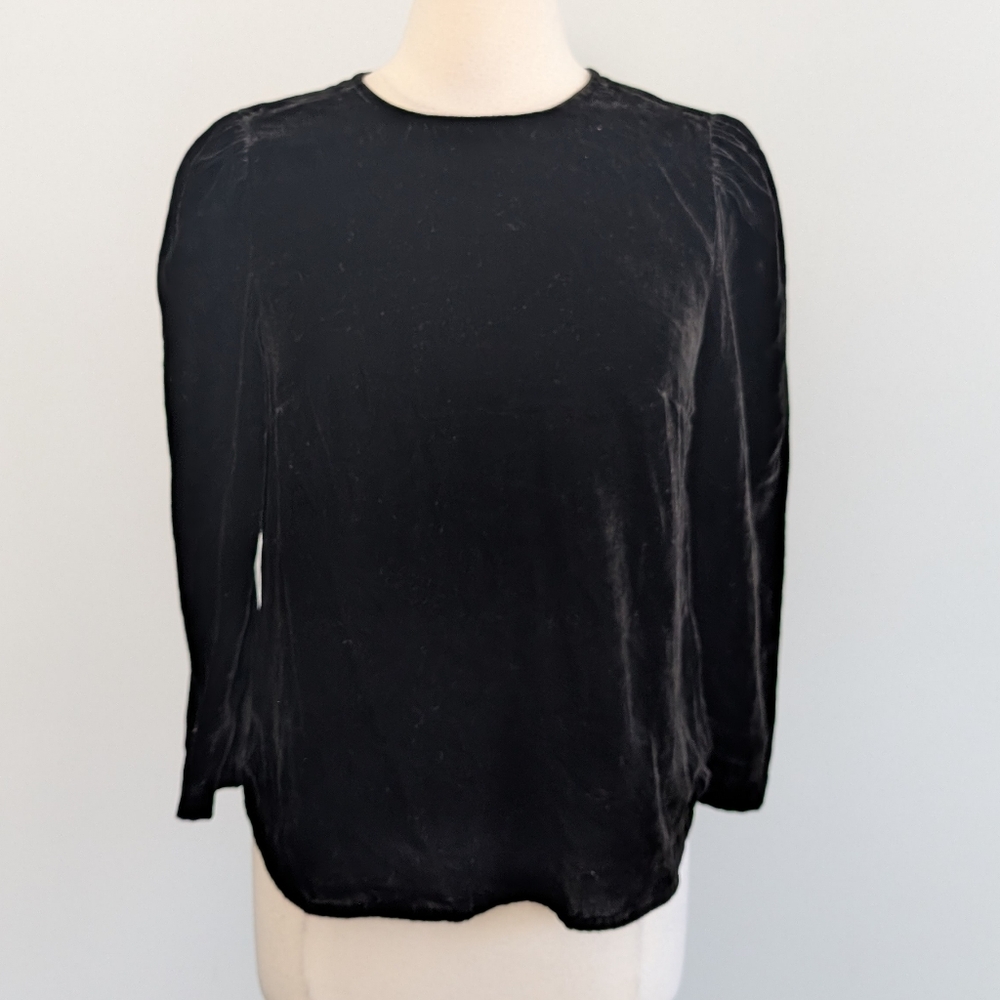 NEW Women's J.Crew Black Velvet Blouse Puff Sleeves Keyhole Back 4 Small